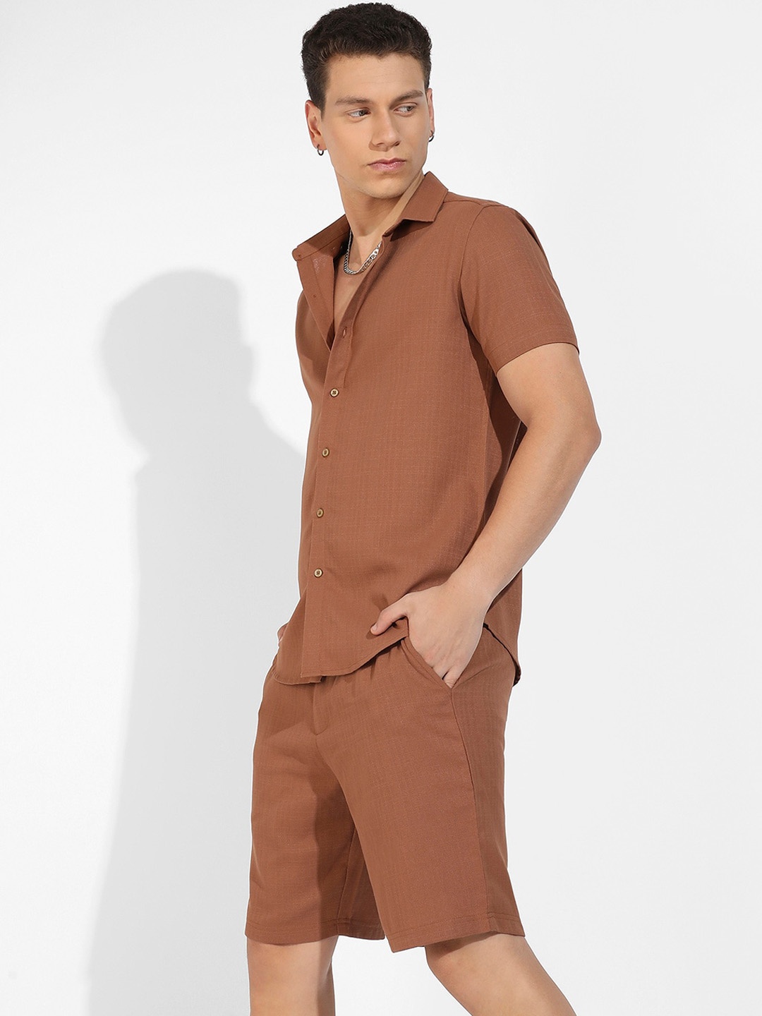 

Campus Sutra Brown Textured Shirt & Shorts