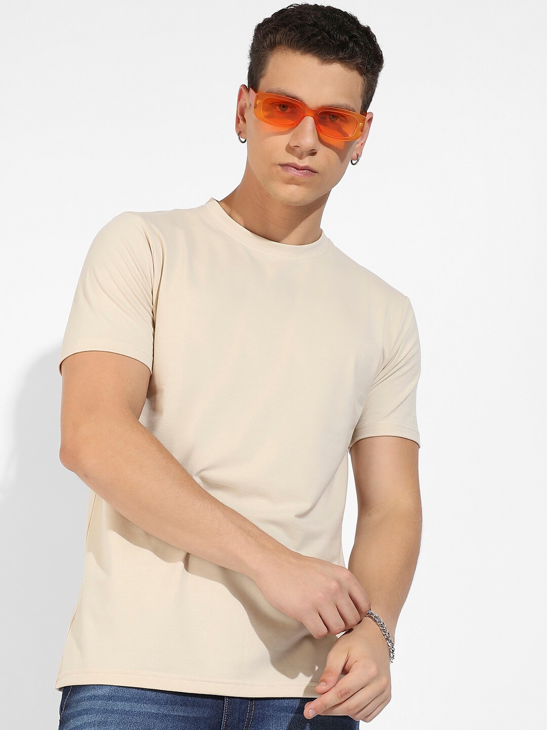 Campus Sutra Casual Cotton T-shirt, Beige