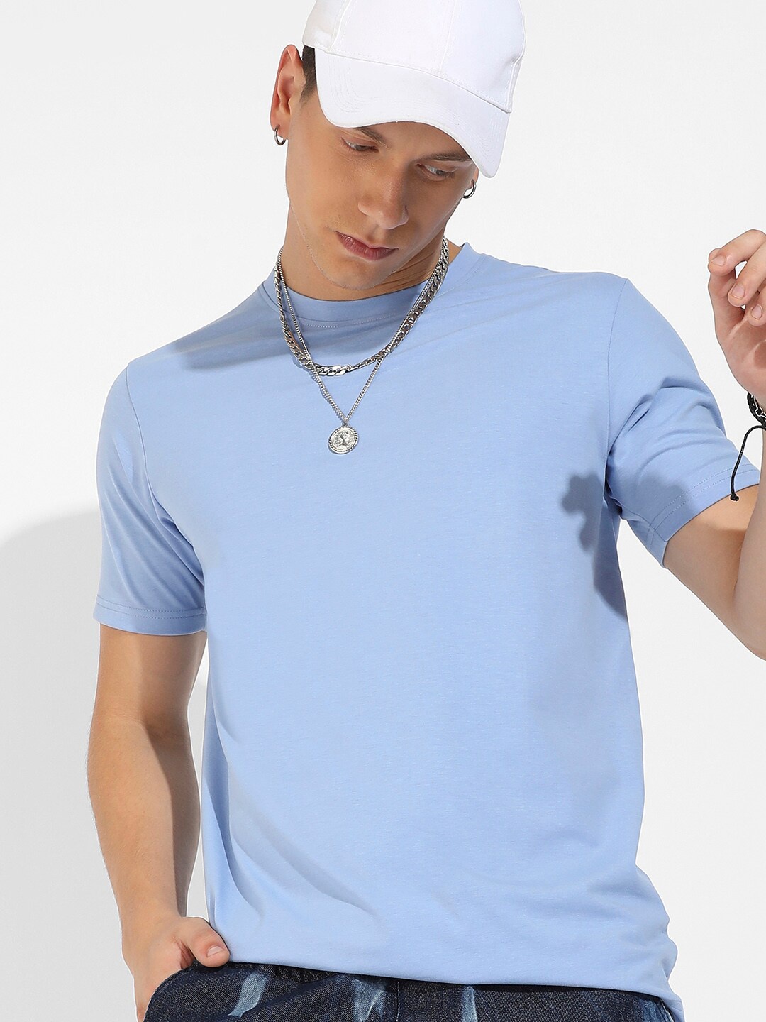 Campus Sutra Blue Round Neck Cotton T-shirt