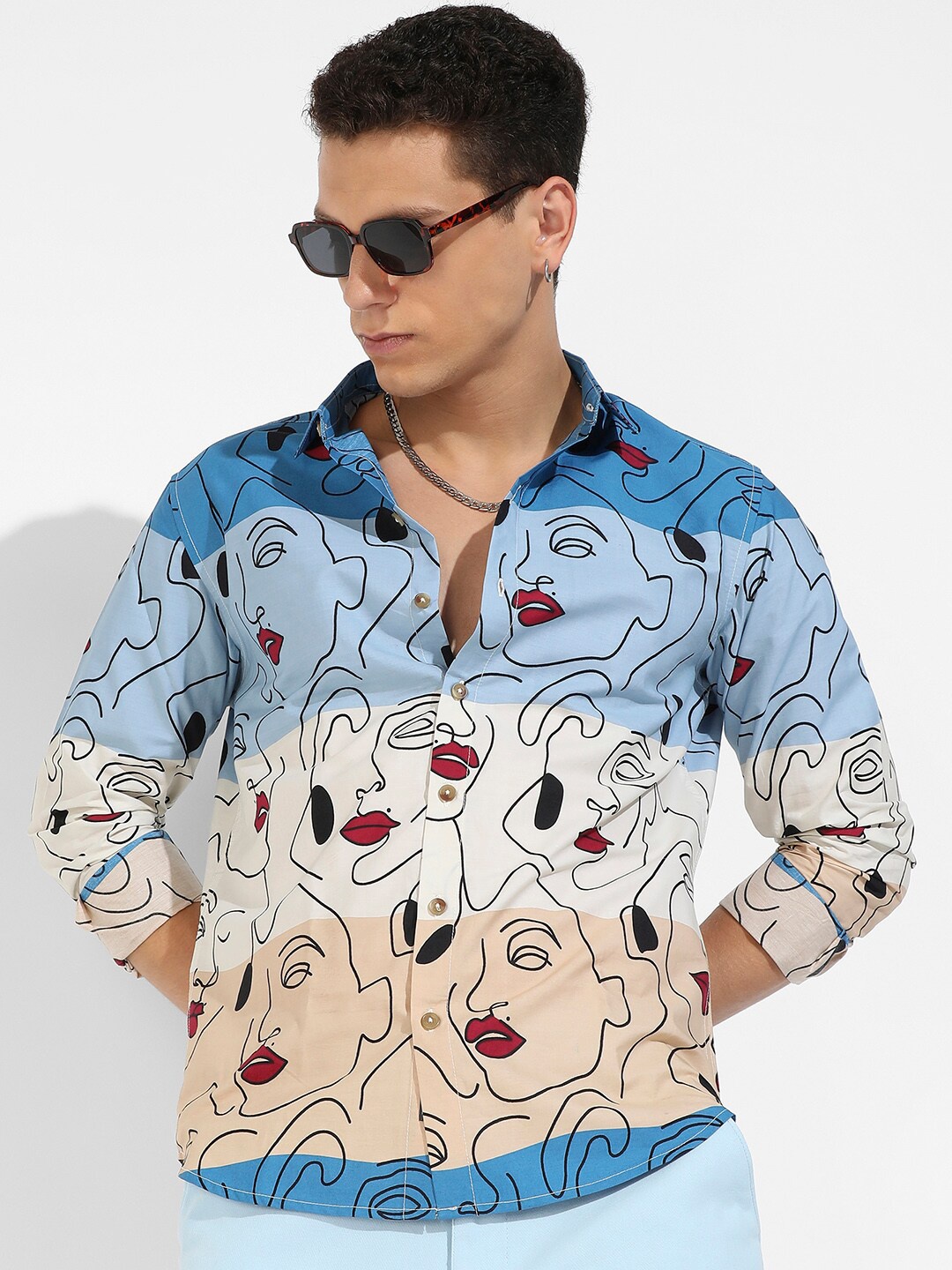 Campus Sutra Abstract Printed Classic Casual Cotton Shirt, Blue