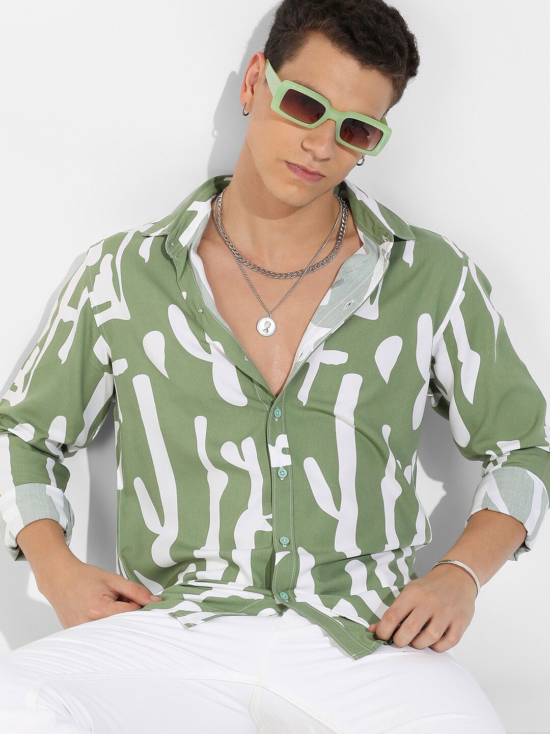 Campus Sutra Sea Green Classic Abstract Printed Casual Shirt