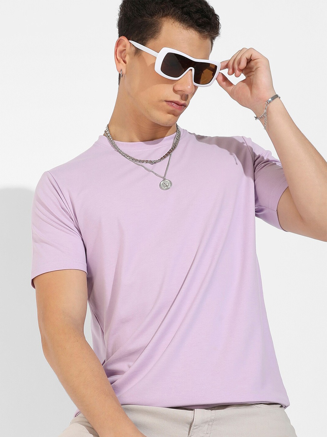 Campus Sutra Purple Round Neck Cotton T-shirt