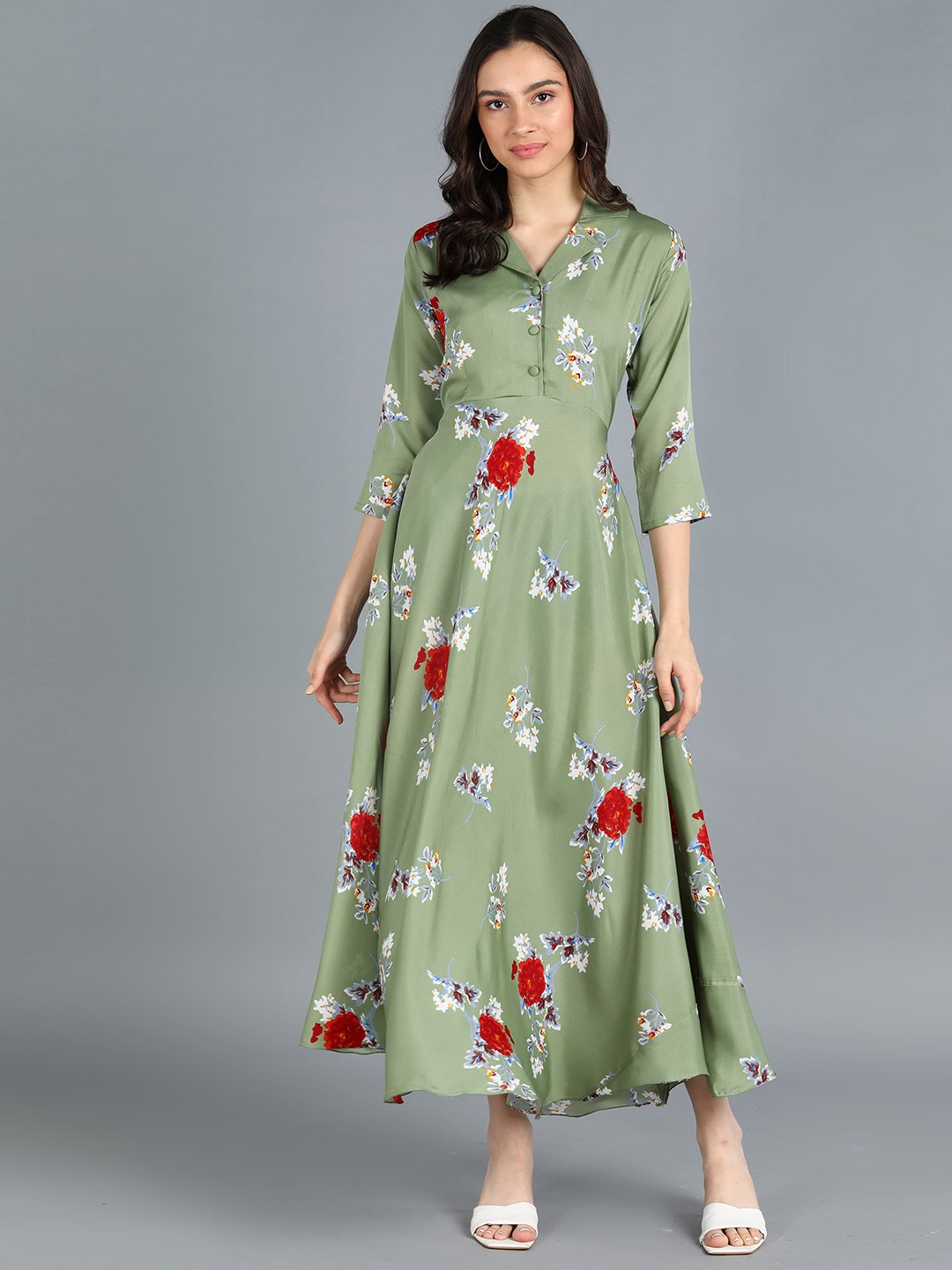 

VAHSON Floral Printed Notched Lapel Collar Maxi Length Crepe Ethnic Dress, Sea green