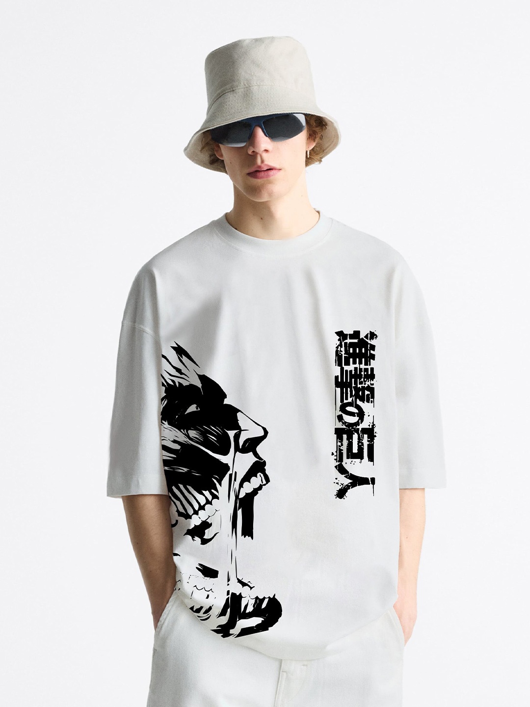 

Manaca Graphic Printed Drop-Shoulder Sleeves Oversized Pure Cotton T-Shirt, White