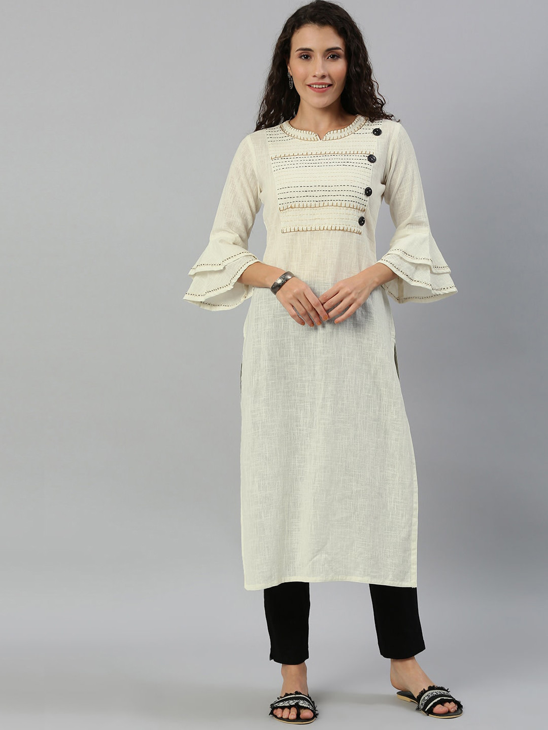 

KALINI Geometric Yoke Design Mandarin Collar Bell Sleeves Thread Work A-Line Kurta, White
