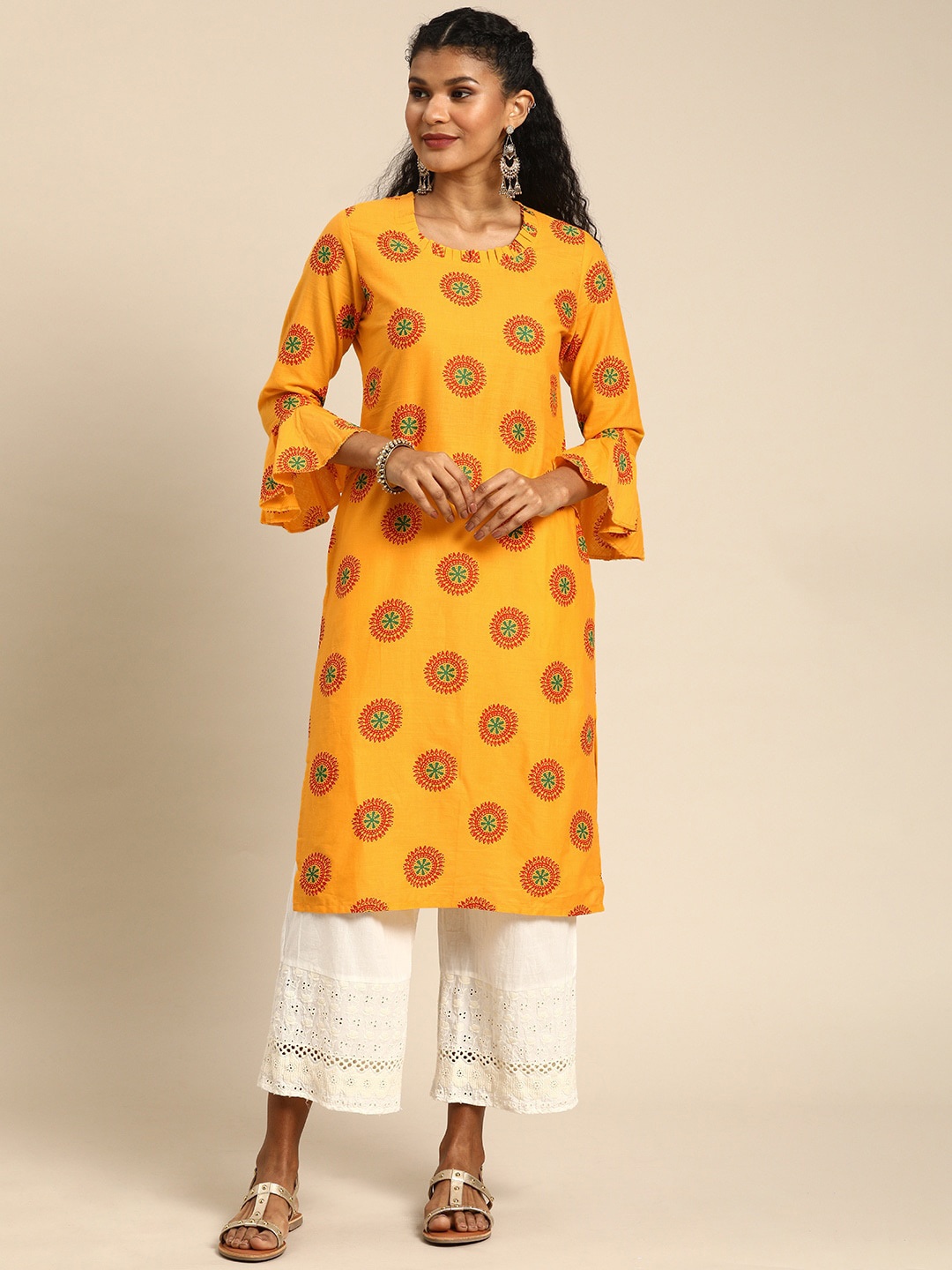 

KALINI Ethnic Motifs Printed Bell Sleeves Cotton Straight Kurta, Mustard