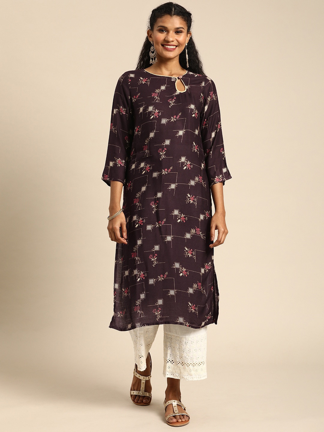 

KALINI Floral Printed Keyhole Neck Regular Kurta, Brown