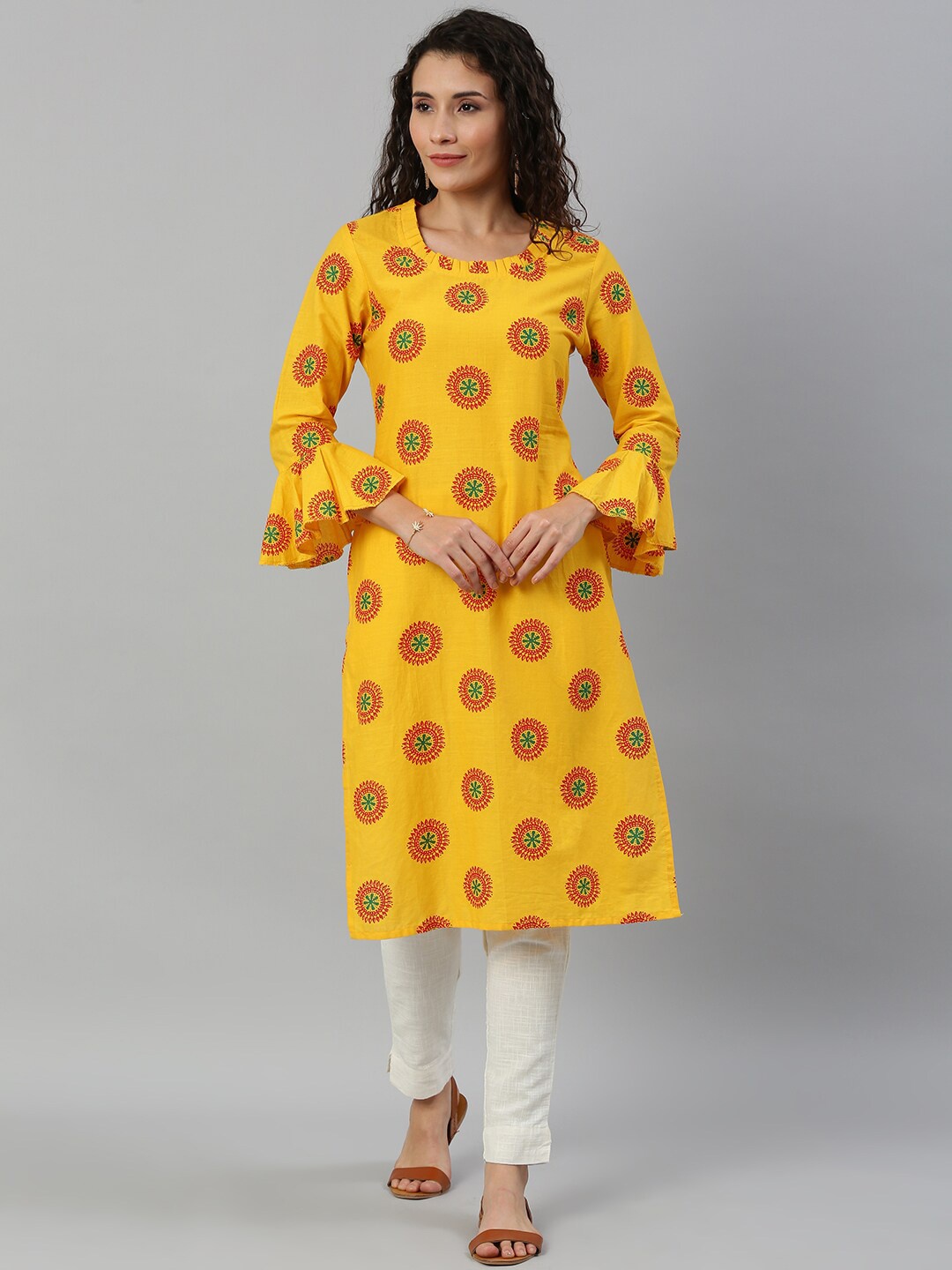 

KALINI Ethnic Motifs Printed Flared Sleeves Cotton Straight Kurta, Yellow