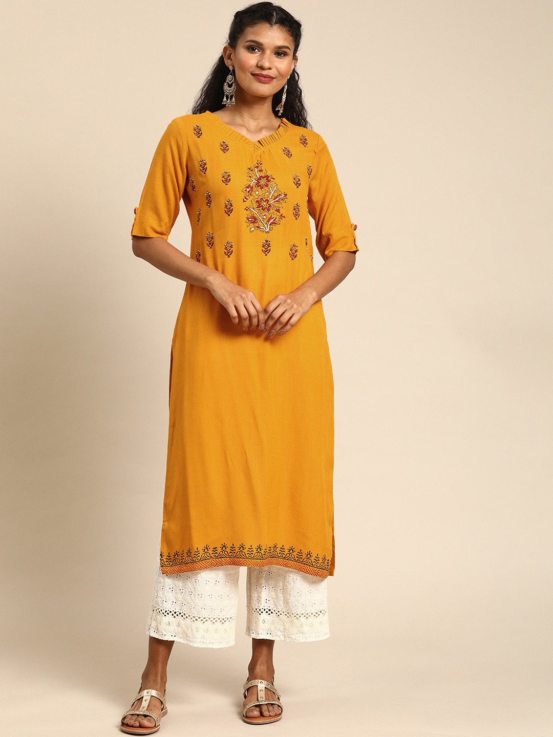 

KALINI Floral Embroidered Thread Work Kurta, Mustard