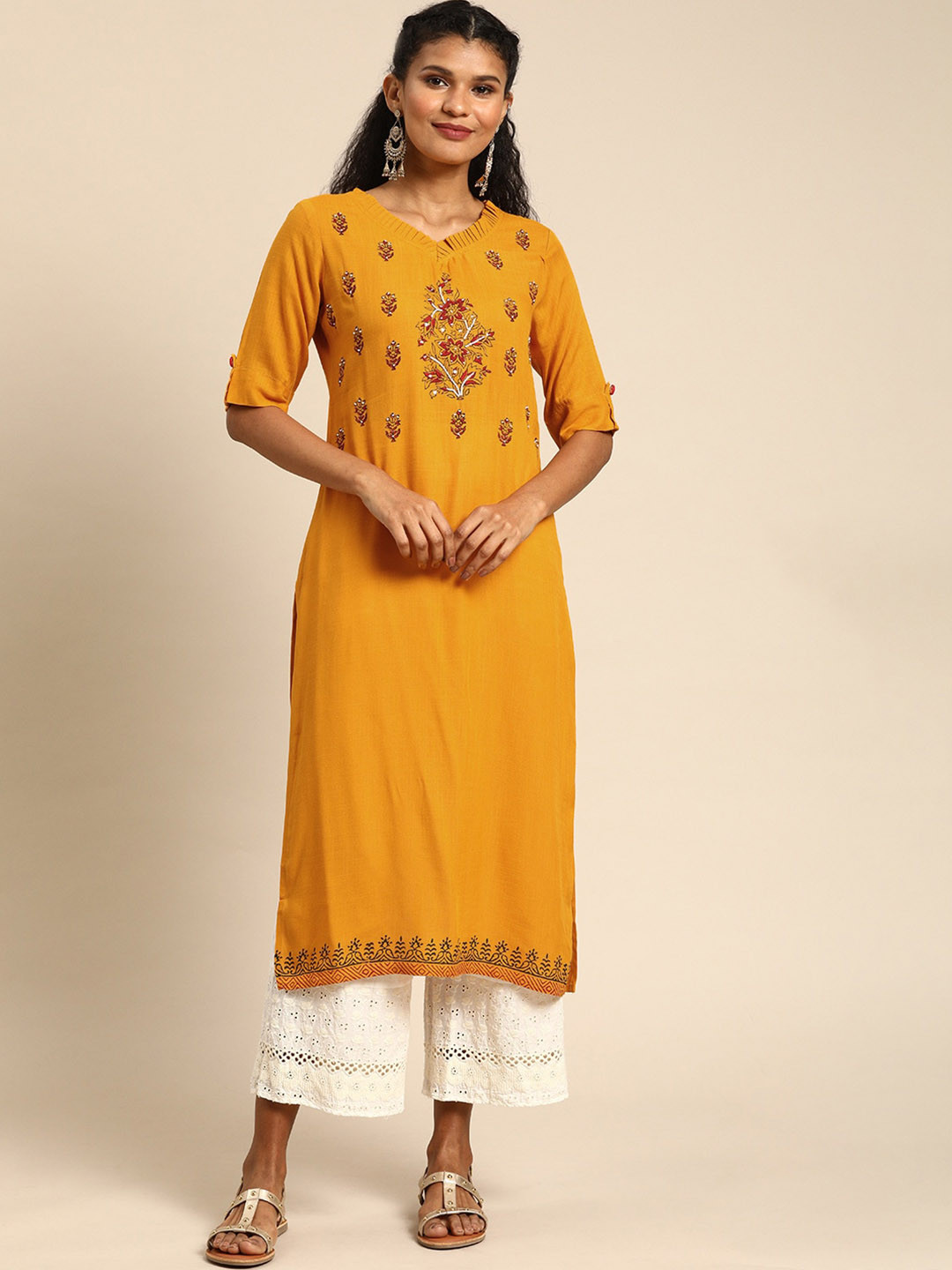 

KALINI Floral Printed Beads V-Neck Kurta, Mustard