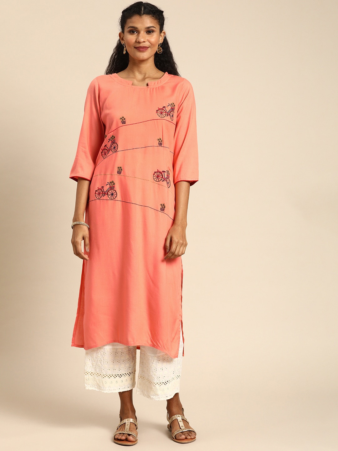 

KALINI Thread Work Straight Kurta, Peach
