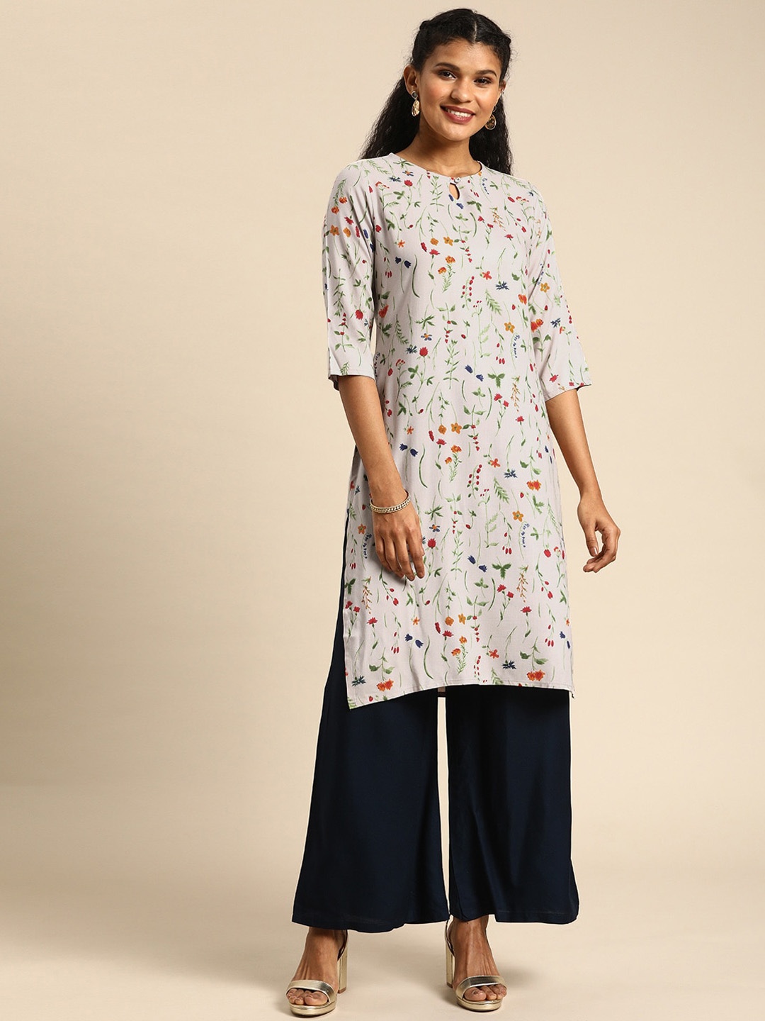 

KALINI Floral Printed Keyhole Neck Straight Kurta, Off white