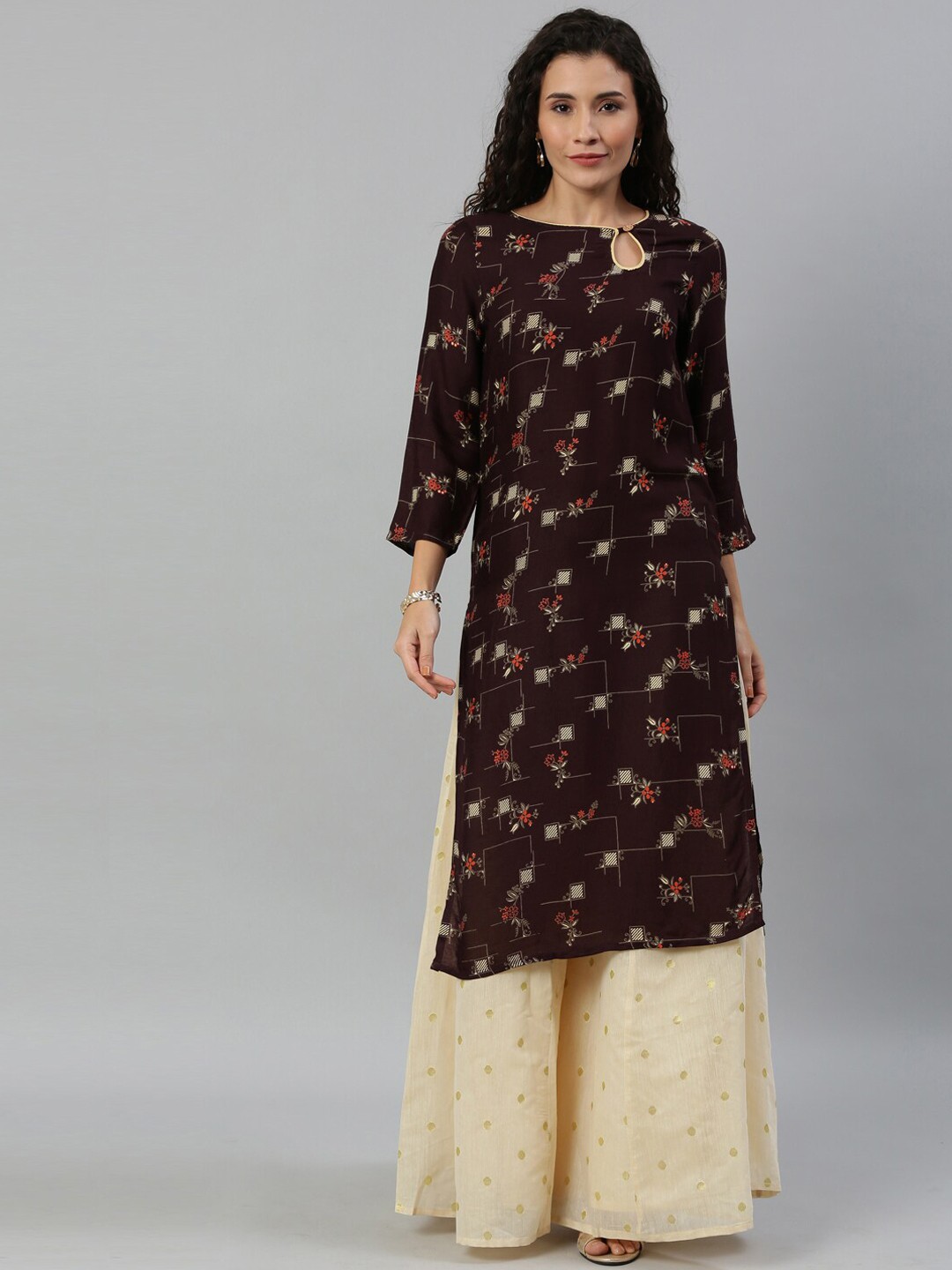 

KALINI Floral Printed A-Line Kurta, Brown