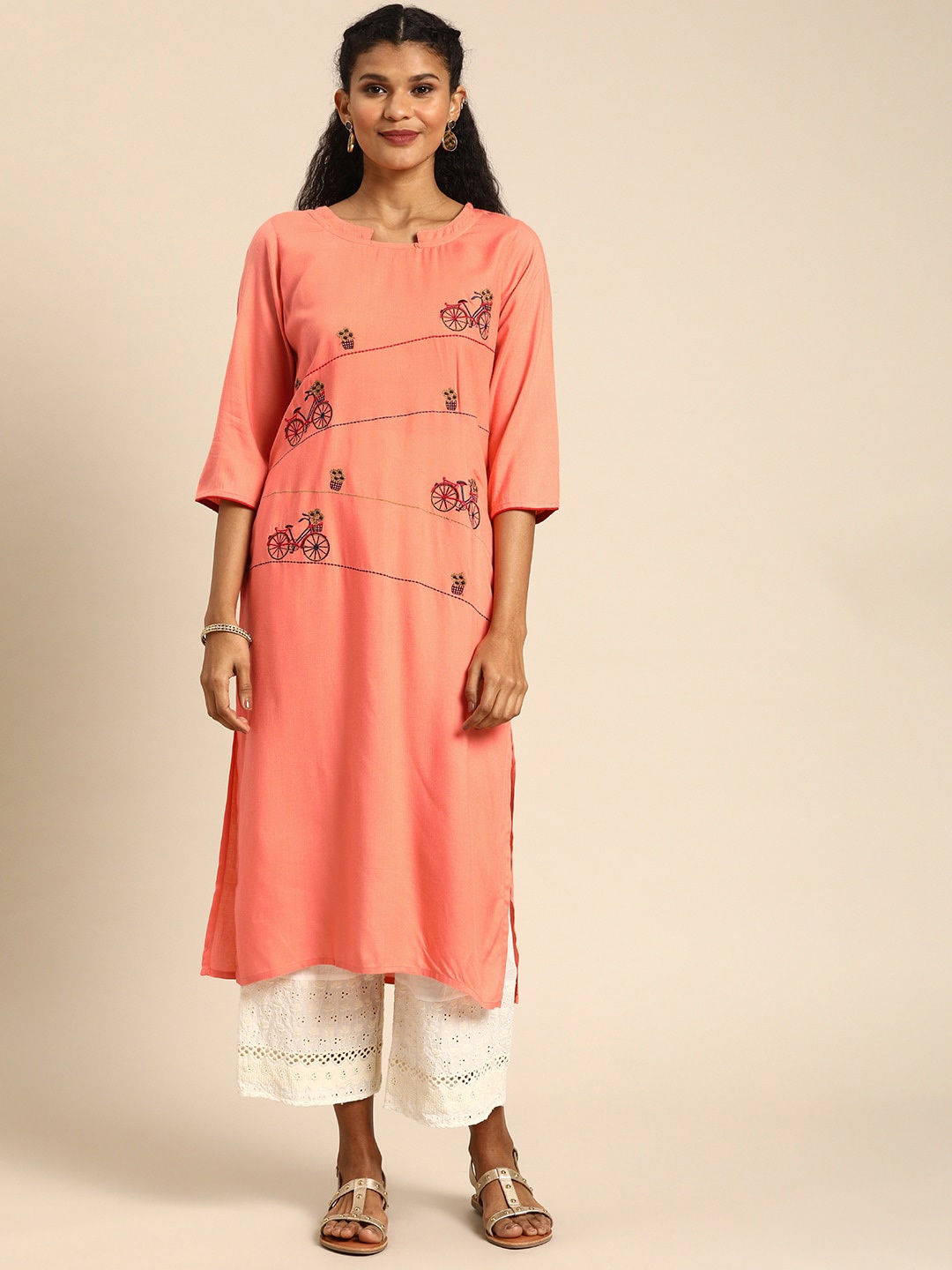 

KALINI Quirky Embroidered Round Neck Straight Kurta, Peach