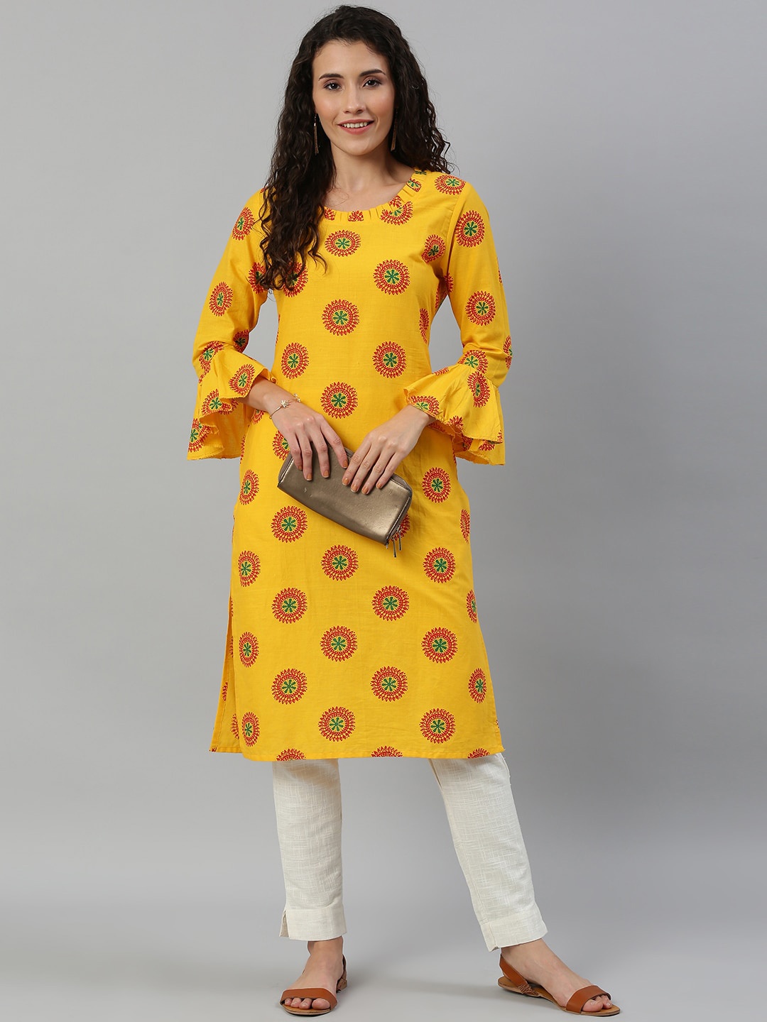 

KALINI Ethnic Printed Bell Sleeves Cotton Straight Kurta, Mustard