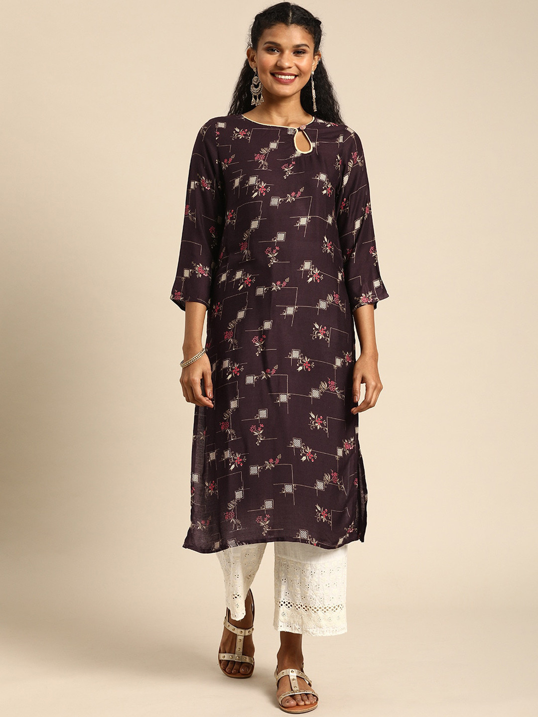 

KALINI Floral Printed Keyhole Neck Kurta, Brown