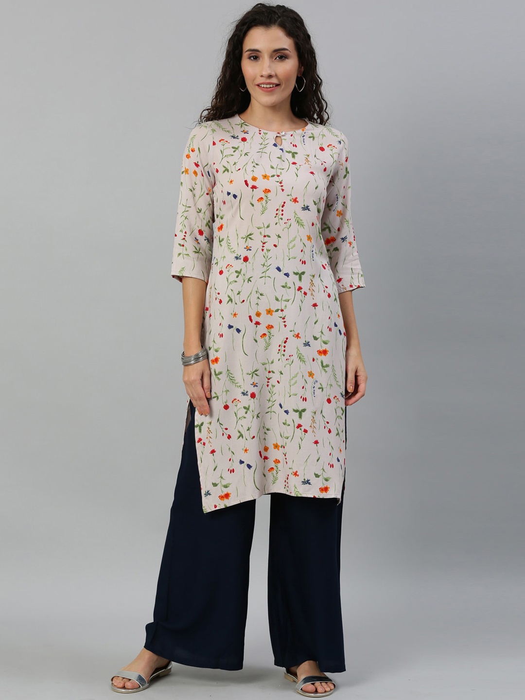 

KALINI Floral Printed Keyhole Neck Straight Kurta, Off white