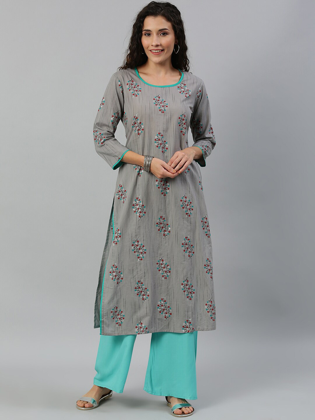 

KALINI Floral Printed Round Neck Regular Kurta, Grey