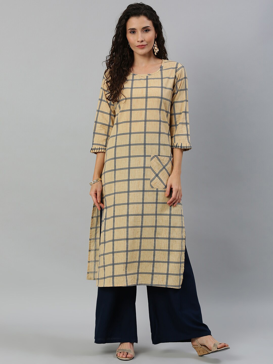 

KALINI Checked Round Neck Cotton Straight Kurta, Beige