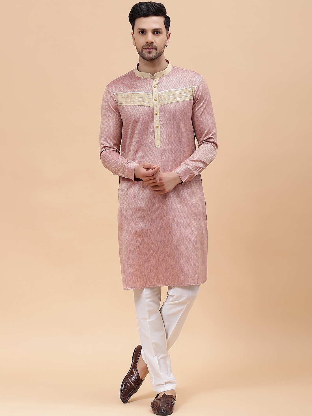 

See Designs Tan & White Woven Design Mandarin Collar Straight Kurta With Pyjamas