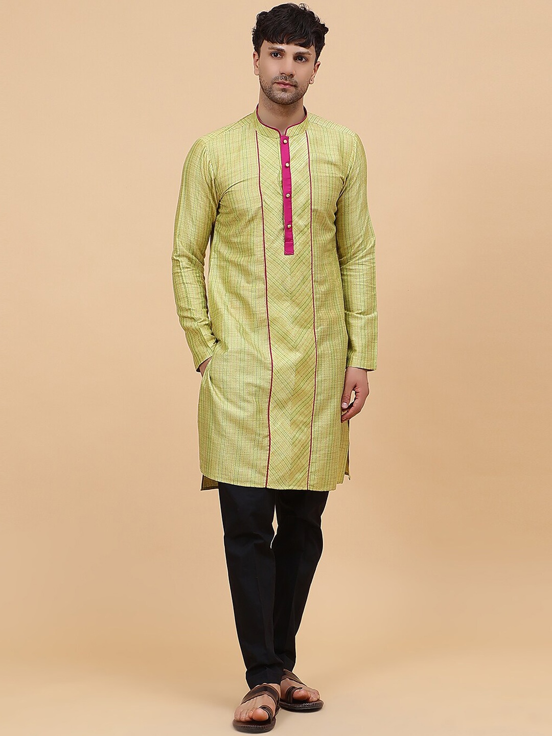 

See Designs Striped Woven Design Cotton Silk Kurta, Lime green