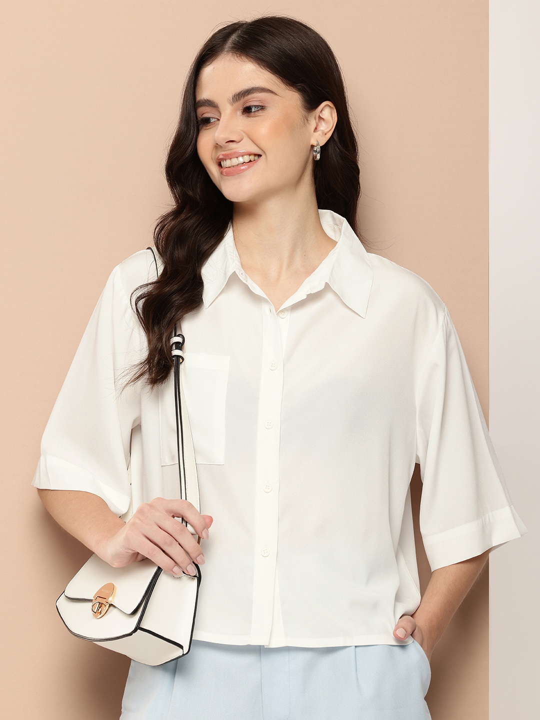 encore by INVICTUS Drop-Shoulders Opaque Casual Shirt, White