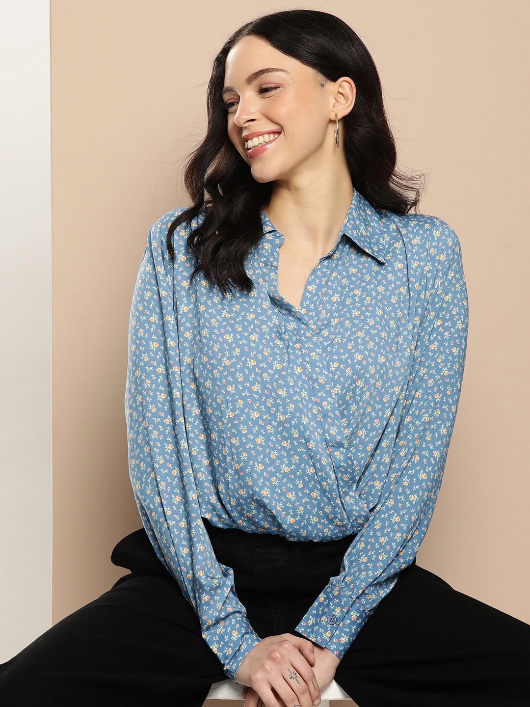 

encore by INVICTUS Floral Printed Shirt Style Top, Blue