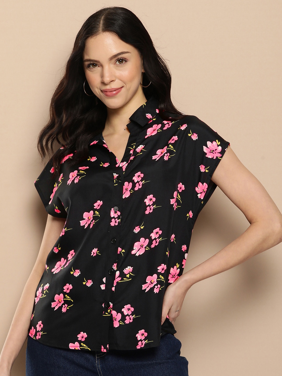 

encore by INVICTUS Spread Collar Floral Printed Casual Shirt, Black