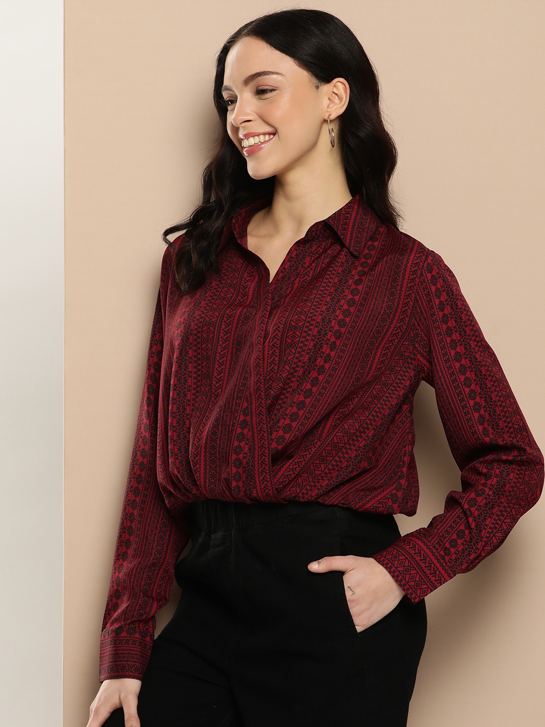 

encore by INVICTUS Ethnic Printed Shirt Style Top, Maroon