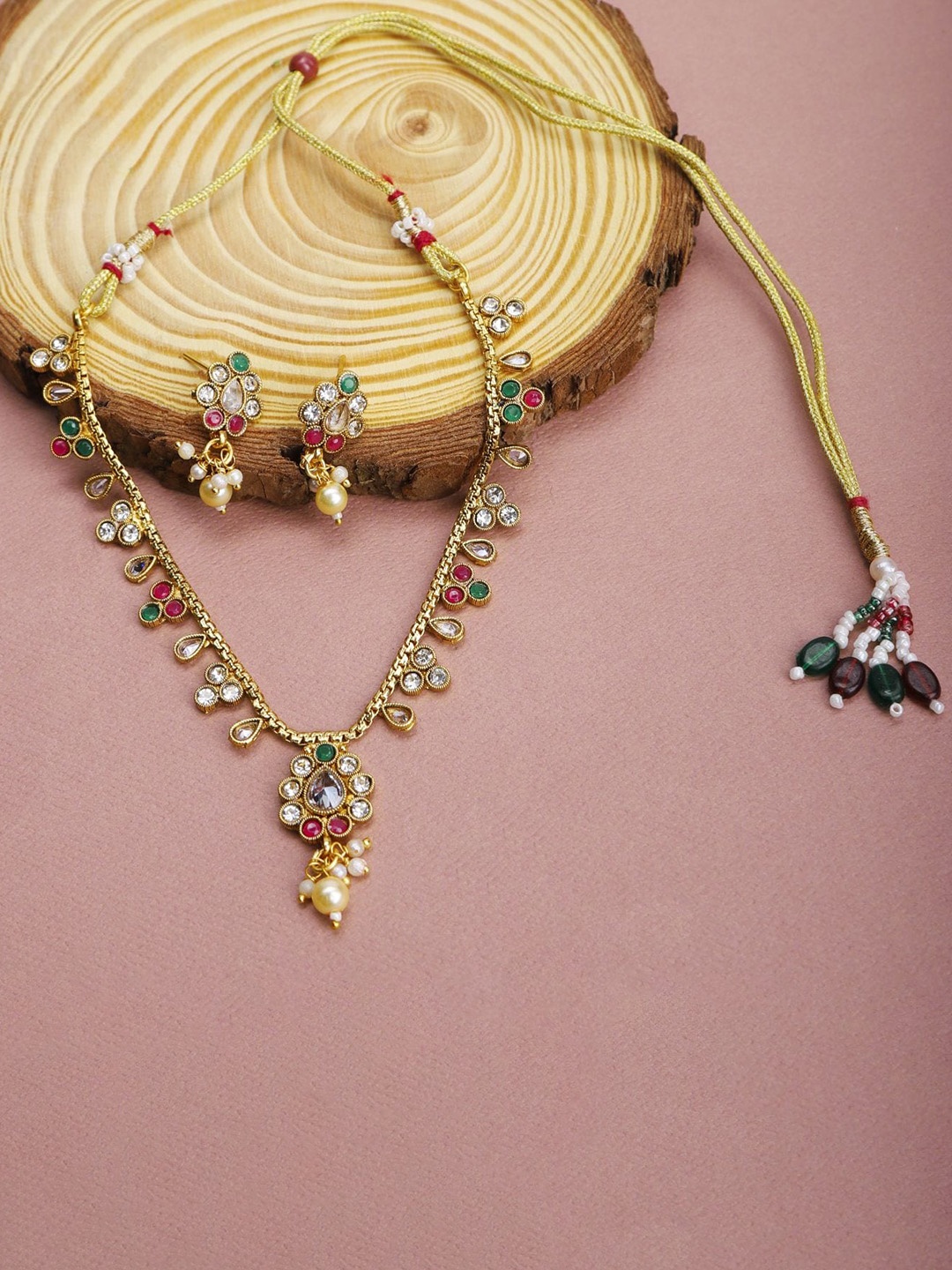 

The Pari Gold-Plated Stone-Studded & Beaded Jewellery Set