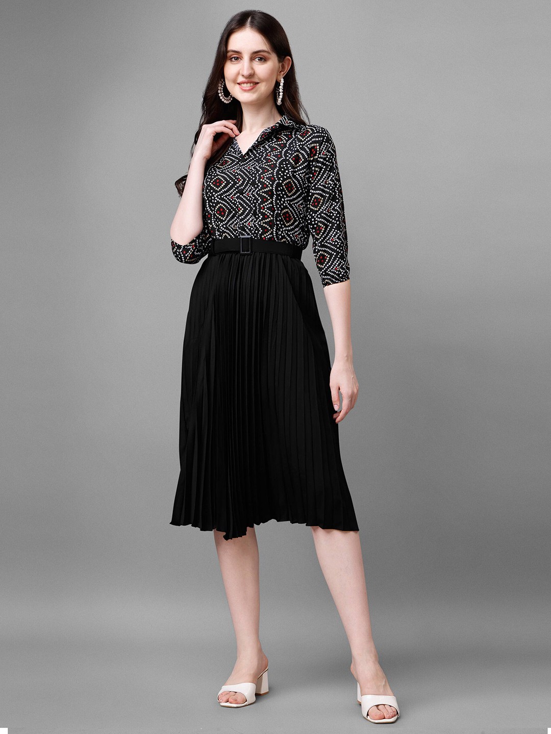 

Paralians Ethnic Motifs Printed Shirt Collar Fit & Flare Dress, Black