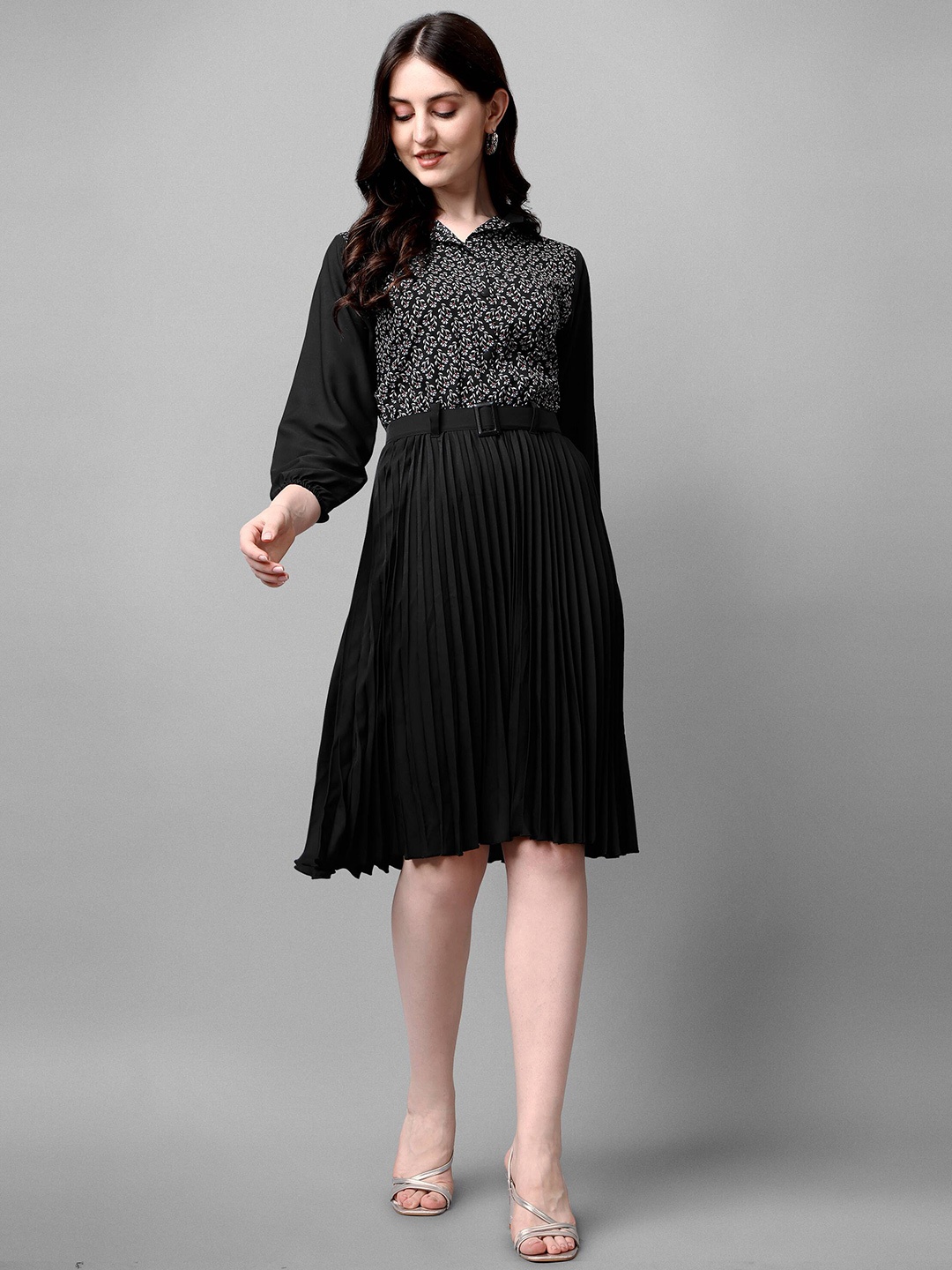 

Paralians Floral Printed Shirt Collar Accordion Pleated A-Line Dress, Black