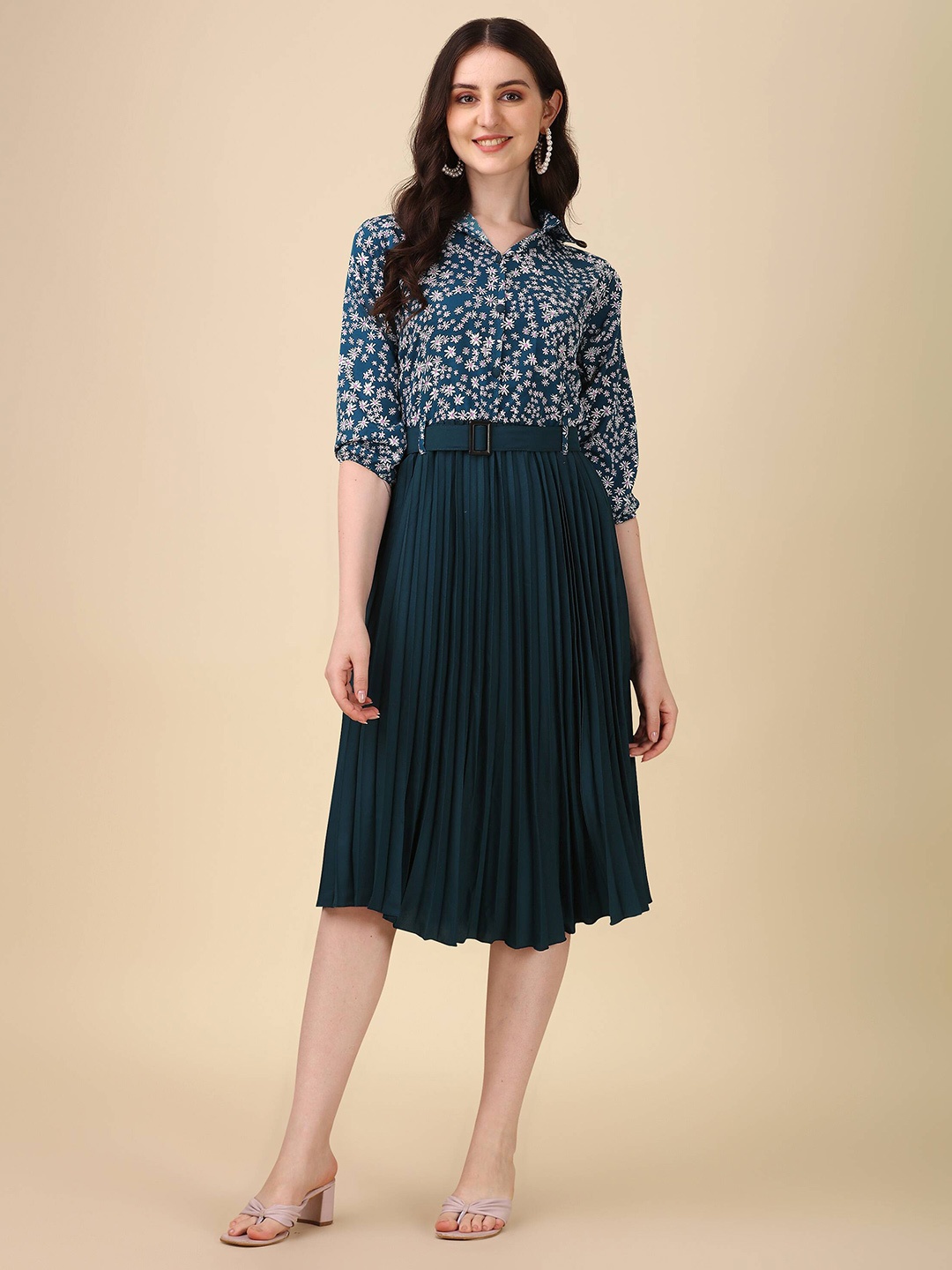 

Paralians Floral Printed Shirt Collar Crepe Fit & Flare Midi Dress, Turquoise blue