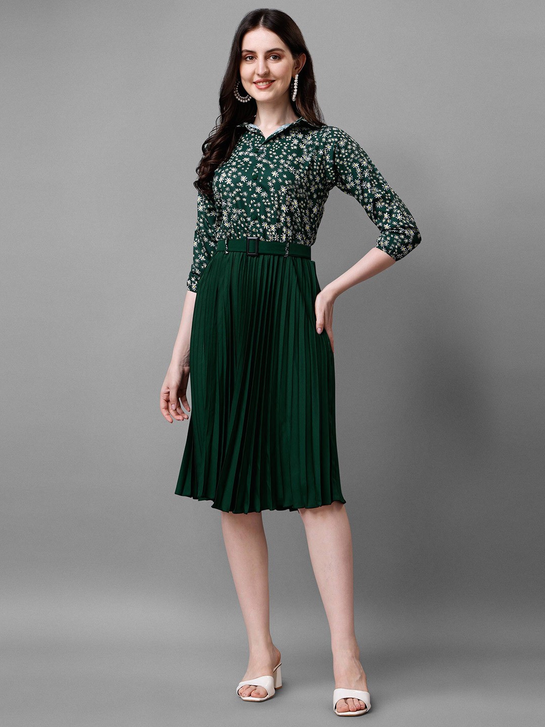 

Paralians Floral Printed Shirt Collar Fit & Flare Dress, Green