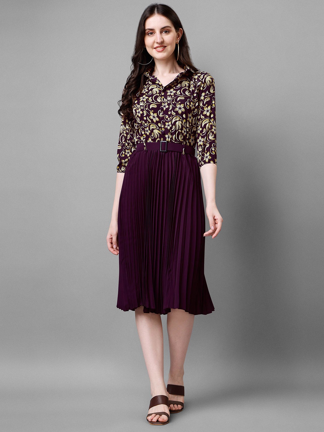 Paralians Floral Printed Shirt Collar Accordion Pleated A-Line Dress, Purple