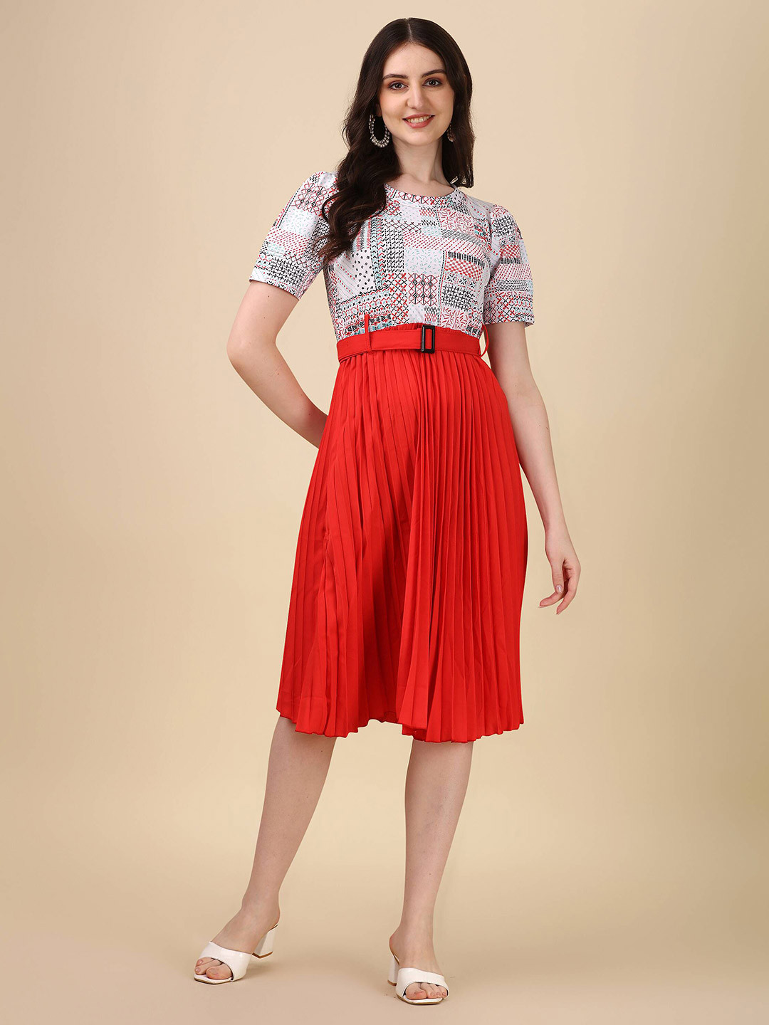 

Paralians Abstract Printed Shirt Collar Belted Accordion Pleated Fit & Flare Dress, Red