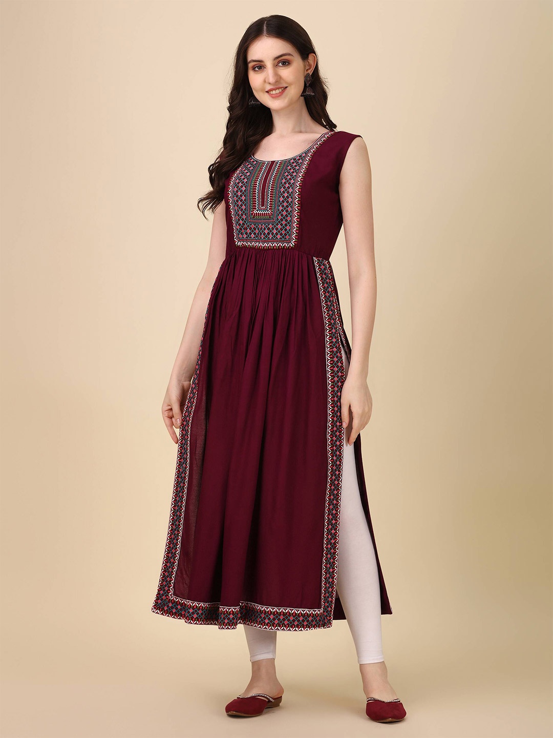 

Paralians Ethnic Motif Embroidered Crepe A-Line Maxi Dress, Maroon
