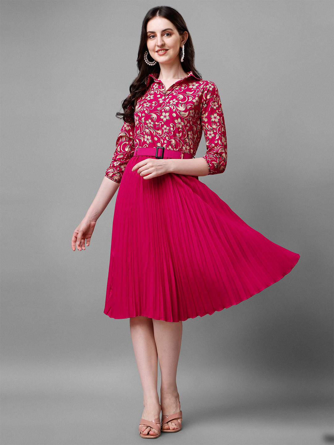 

Paralians Floral Printed Shirt Collar Accordion Pleated A-Line Dress, Pink