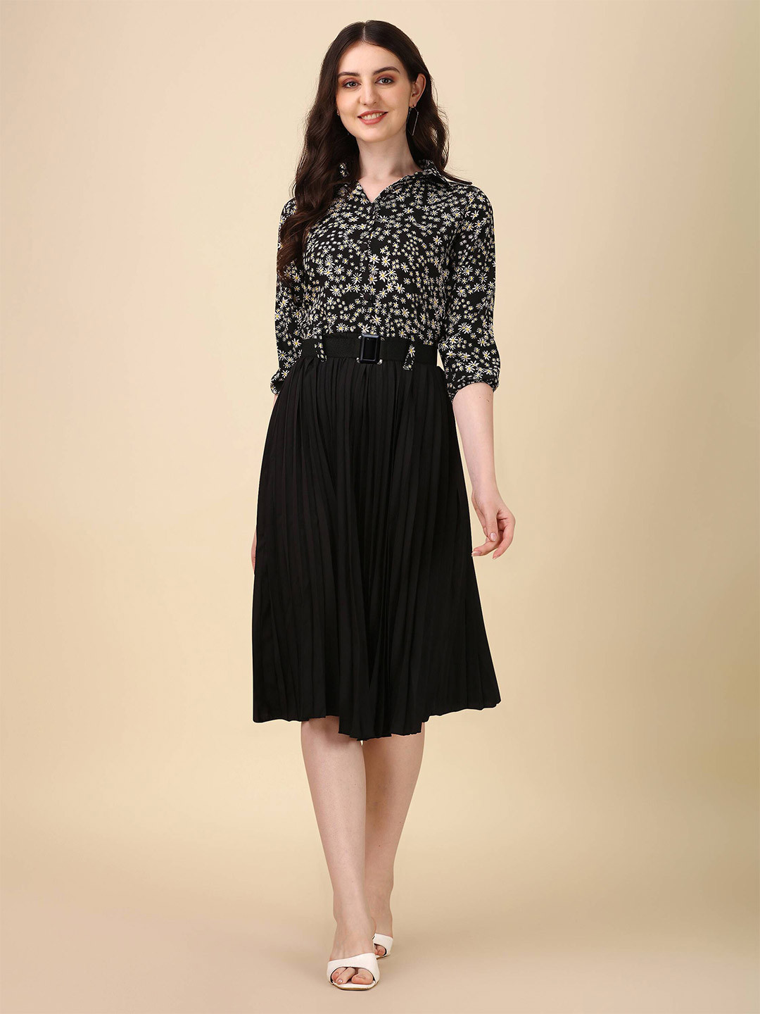 

Paralians Floral Printed Shirt Collar Pleated Crepe Fit & Flare Dress, Black