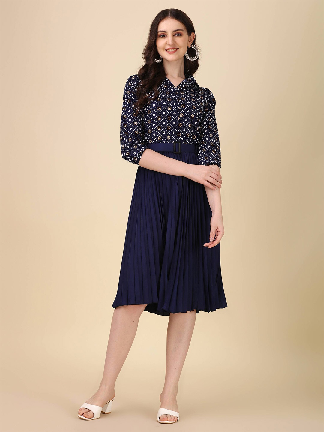 

Paralians Floral Printed Shirt Collar Fit & Flare Dress, Blue