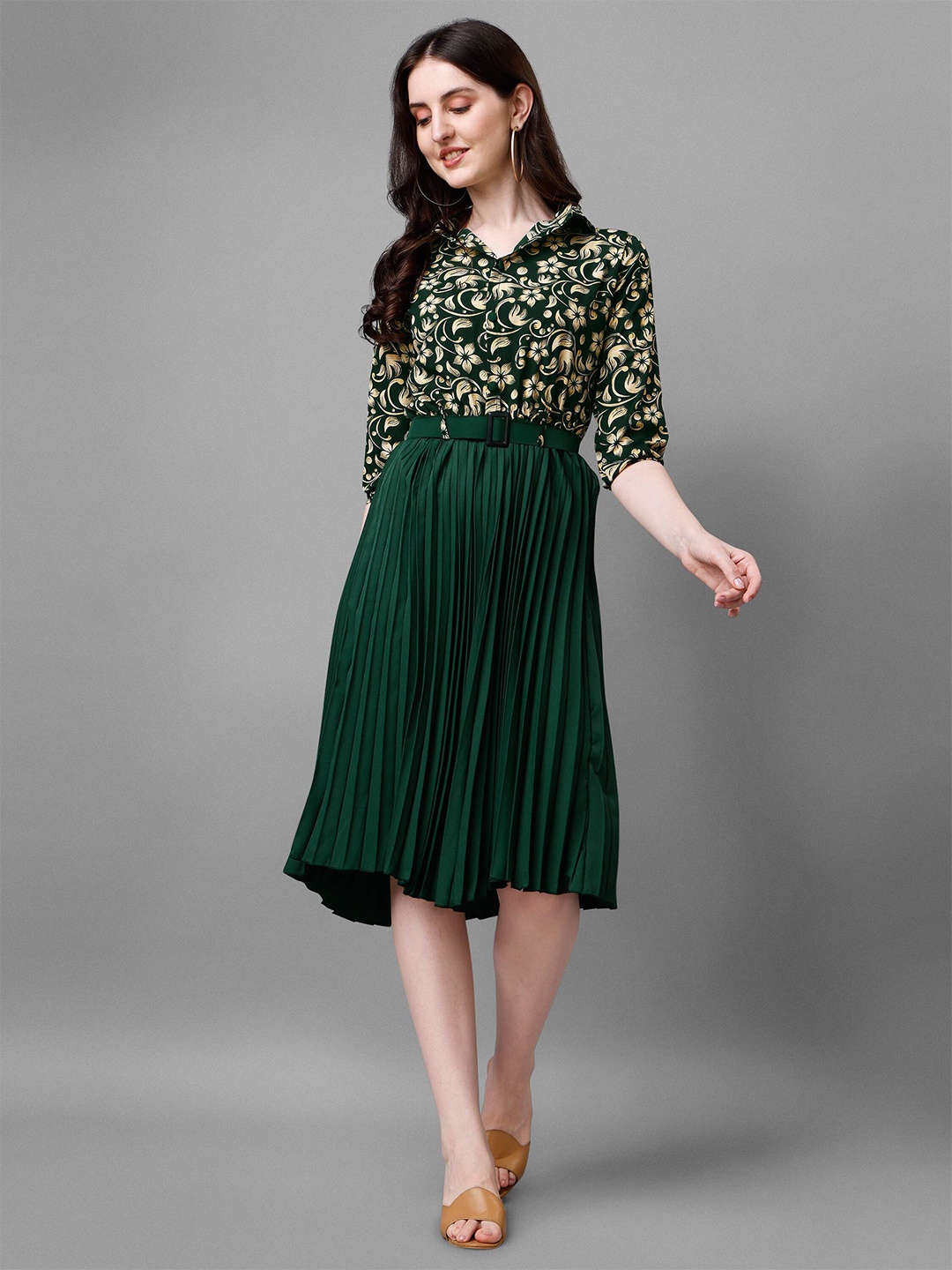 

Paralians Floral Printed Shirt Collar Belted Accordion Pleated Fit & Flare Dress, Green