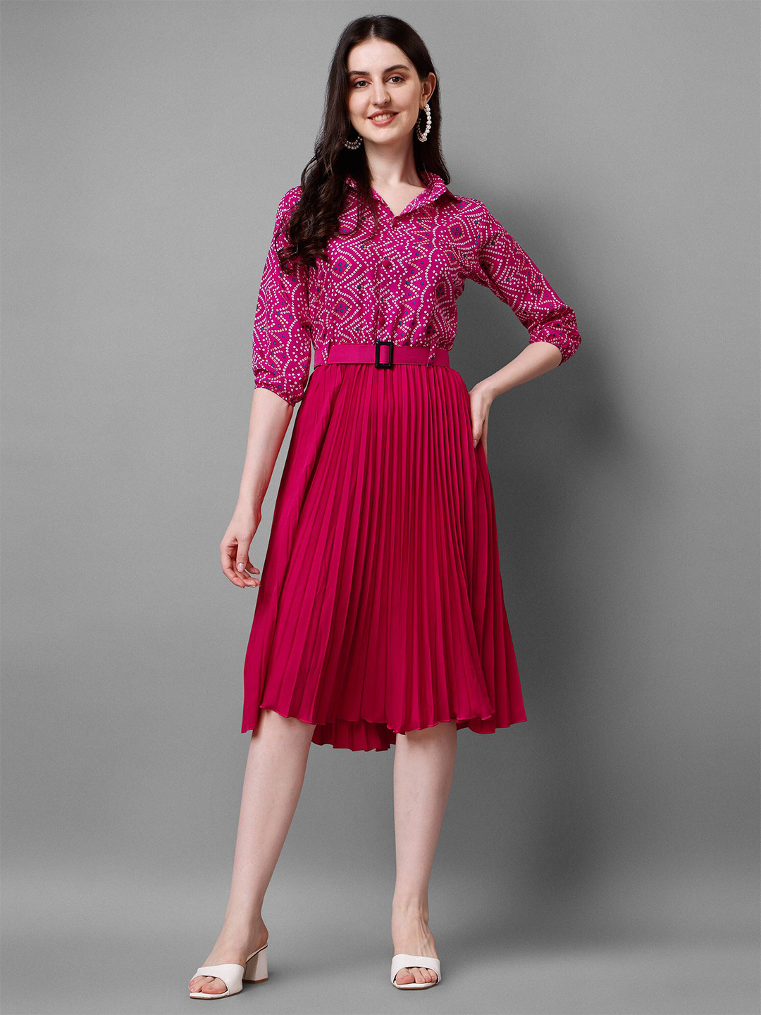 

Paralians Ethnic Print Shirt Collar Fit & Flare Dress, Pink