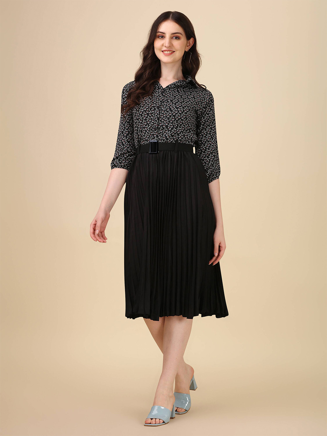 

Paralians Floral Printed Shirt Collar Crepe Fit & Flare Midi Dress, Black