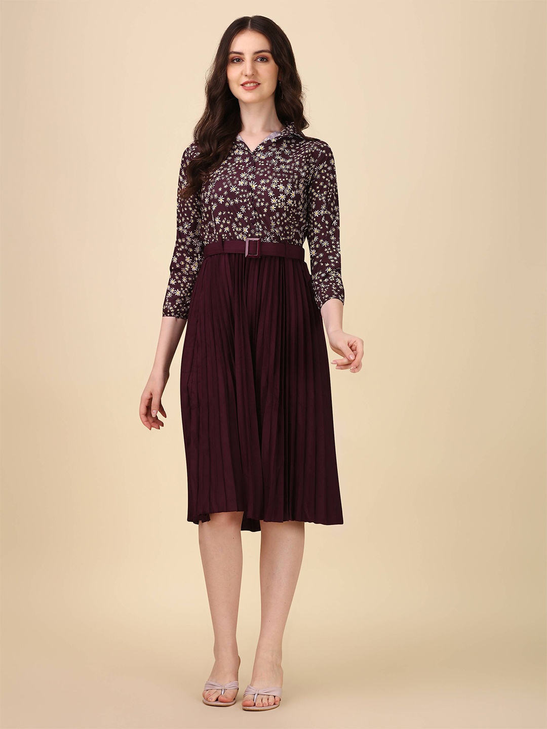 

Paralians Floral Print Shirt Collar Fit & Flare Dress, Burgundy