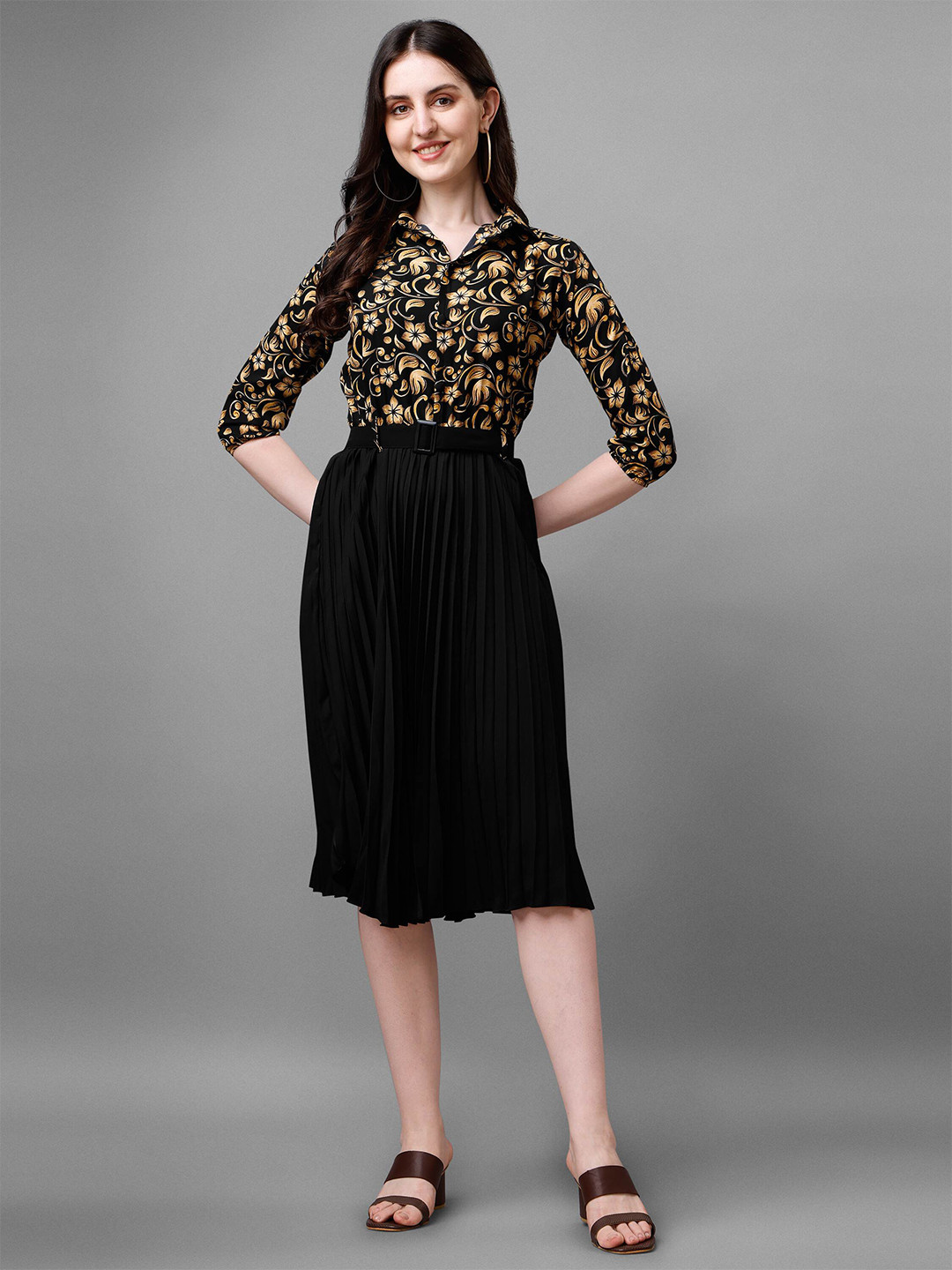 

Paralians Floral Print Shirt Collar Fit & Flare Dress, Black