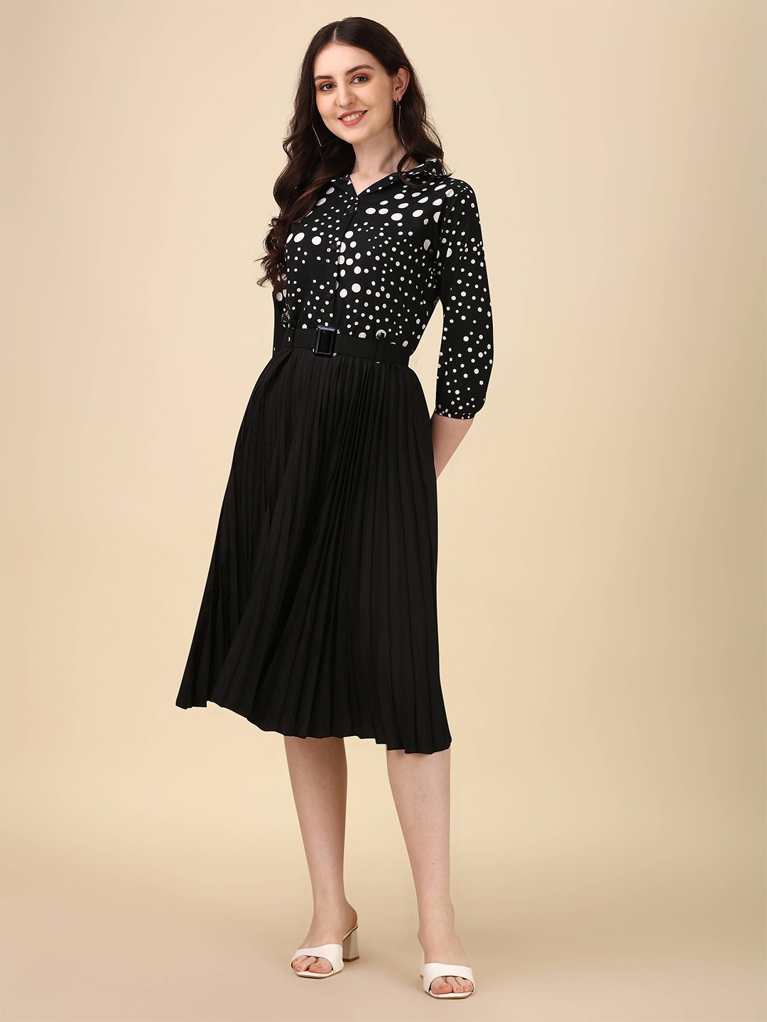 

Paralians Polka Dots Printed Shirt Collar Crepe Fit & Flare Midi Dress, Black