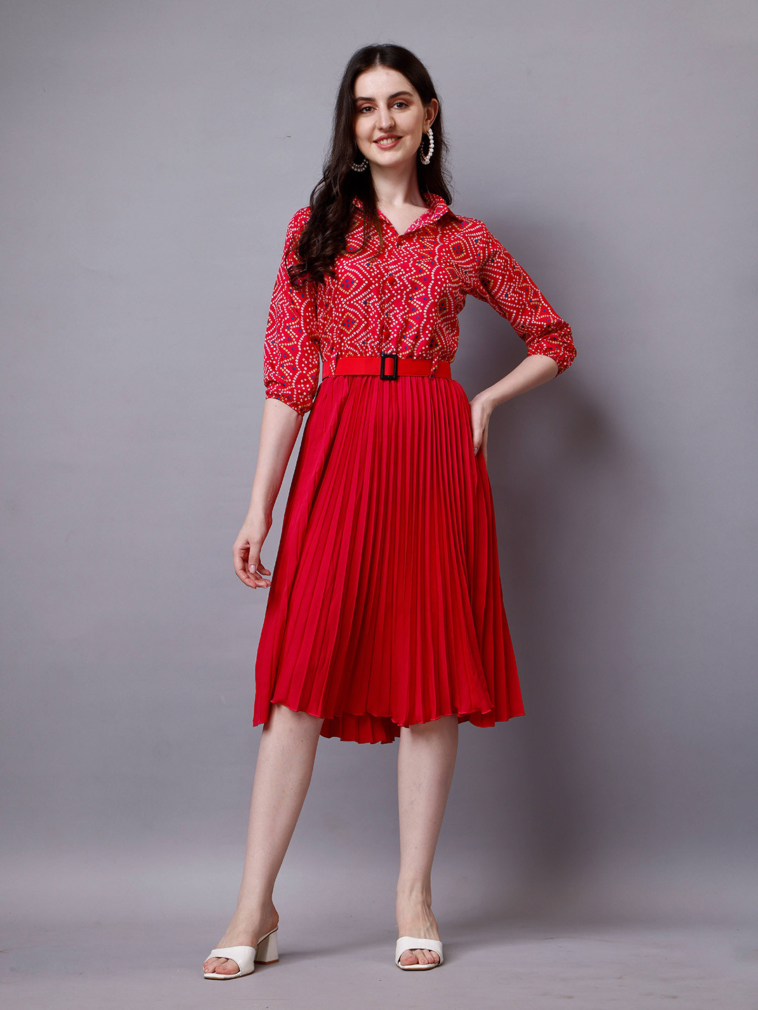 

Paralians Bandana Printed Shirt Collar Crepe Fit & Flare Midi Dress, Red
