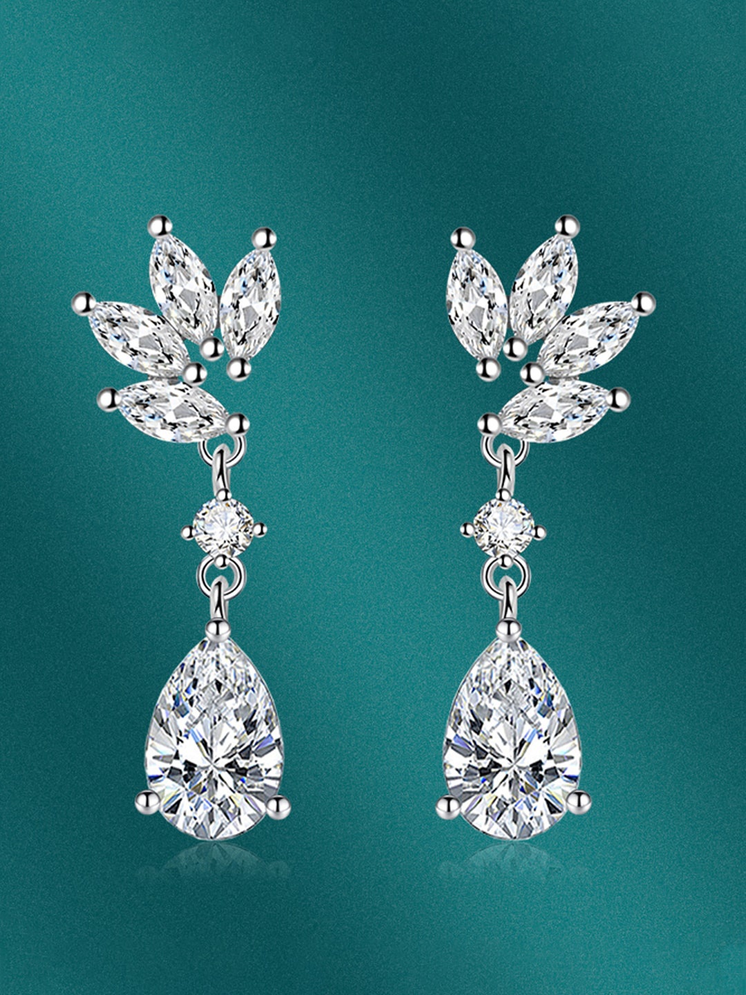 

Designs & You Silver-Plated Cubic Zirconia-Studded Teardrop Shaped Drop Earrings