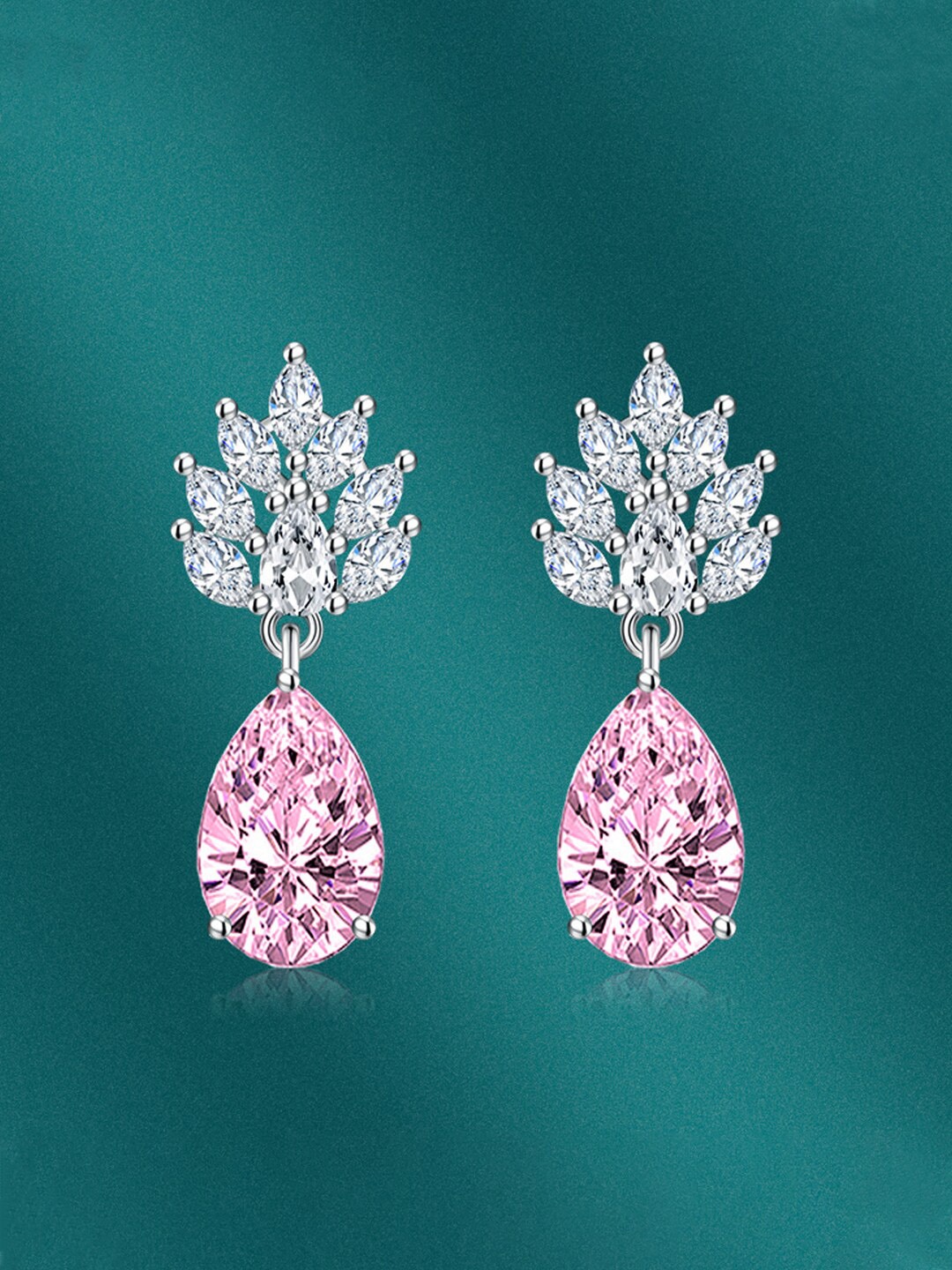 

Designs & You Silver-Plated CZ-Studded Teardrop Shaped Drop Earrings