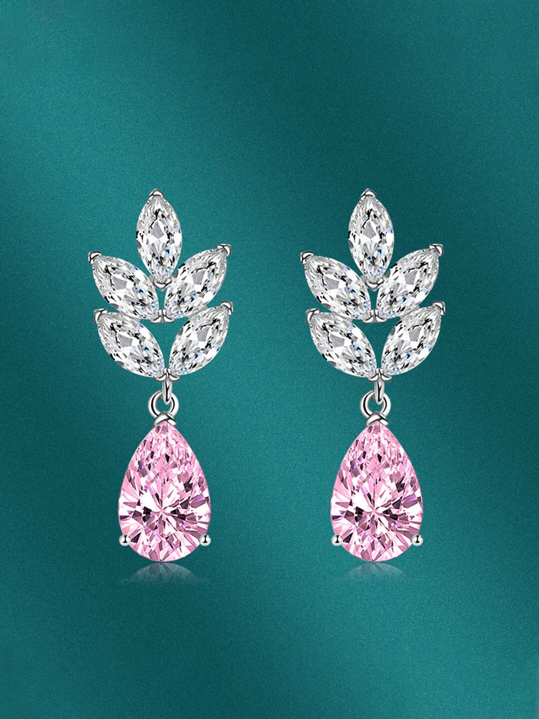 

Designs & You Silver-Plated CZ-Studded Teardrop Shaped Drop Earrings